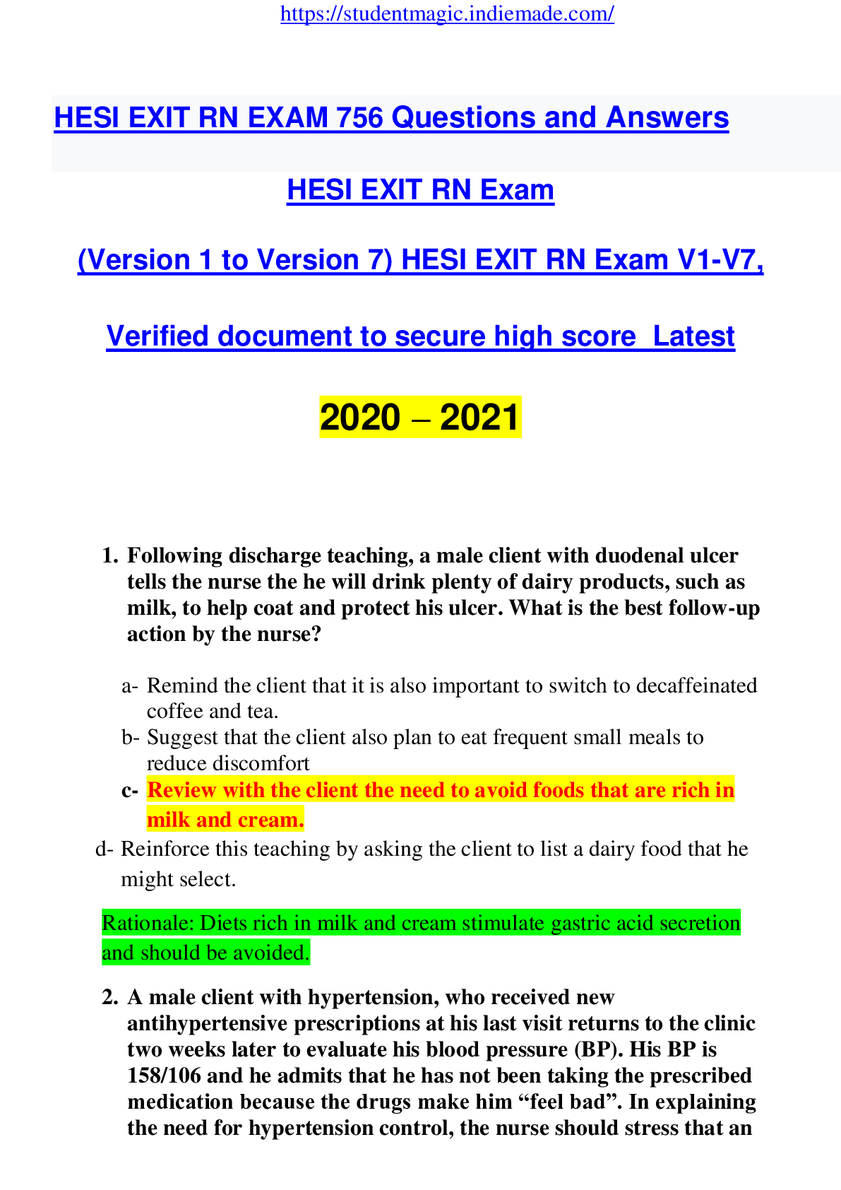 HESI EXIT RN EXAM-756 QA, Exam V1-V7,Verified document to secure high score  Latest